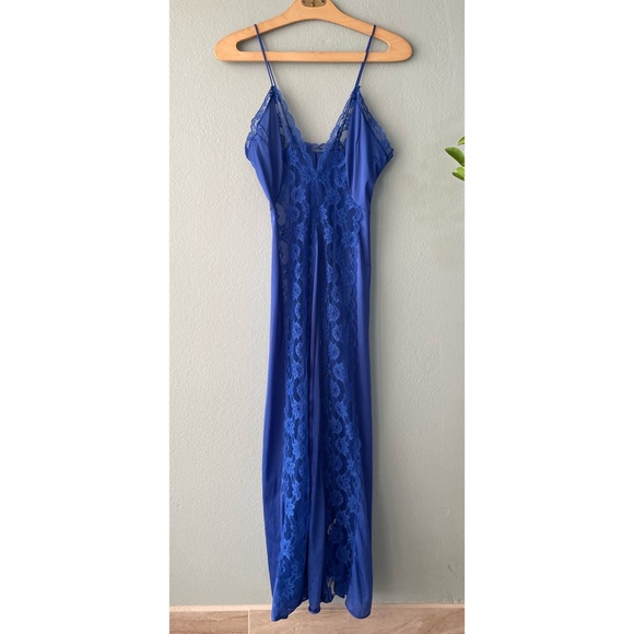 Vae Mode | Vintage 80s Cobalt Blue Lace Front Long Slip Dress Lingerie Nightgown - Picture 3 of 14